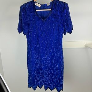 Vintage Laurence Kazar 80s blue Sequin Silk Cocktail Dress